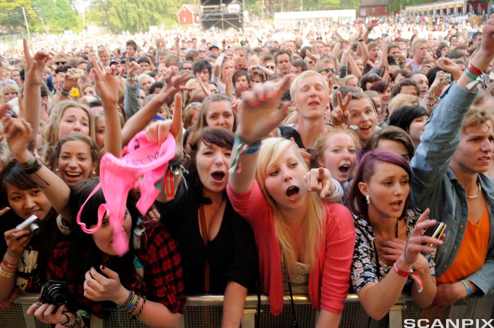 Entusiastiske festivaldeltakere på musikkfestival. Foto.