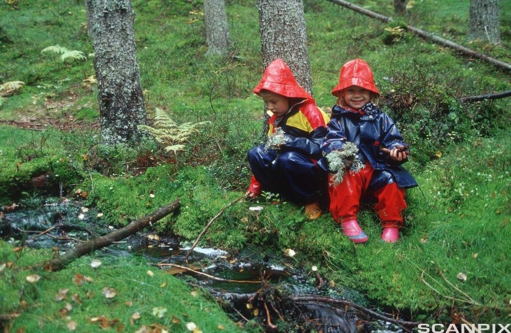 To barn i fullt regntøy sitter ved en bekk i skogen. Den ene stikker en pinne i vannet, og den andre smiler bredt og har mose og kongler i hendene. Foto.