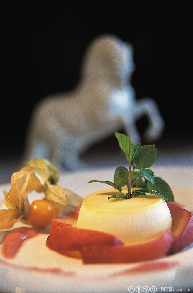 Råmjølkspudding på ei skål, pynta med eit grønt blad og physalis. Foto.
