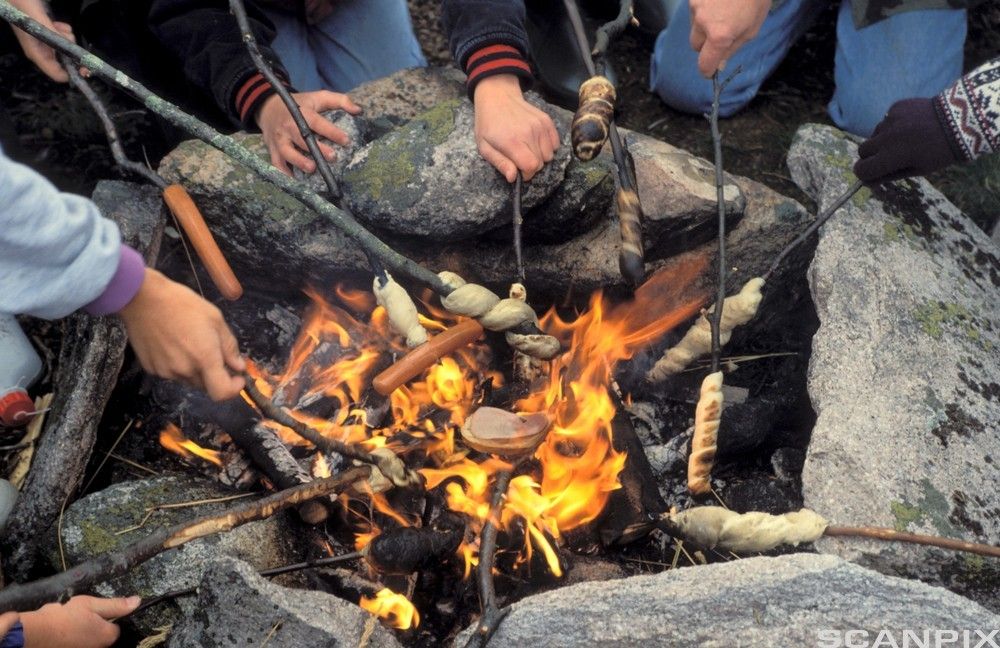 Grilling over bål. Mange hender med grillpinner, noen med pølser, noen med pinnebrød og en pinne med brødskive. Foto.