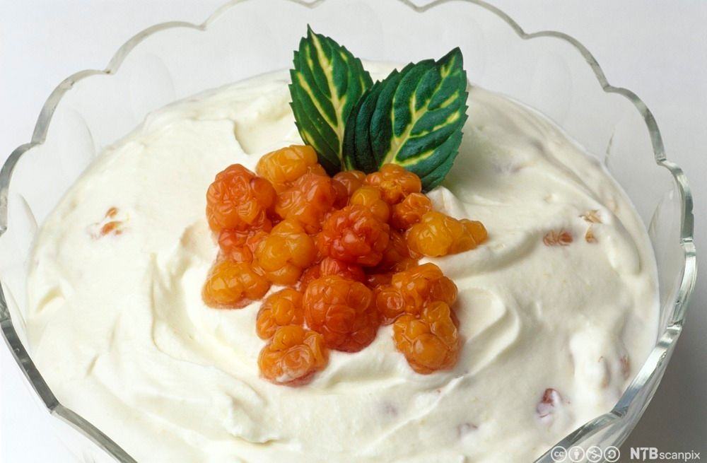 Moltekrem med molte og mynteblad. Foto.