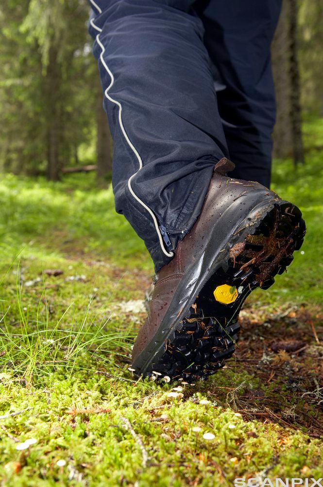 En person går med fjellstøvler i skogen. Foto.