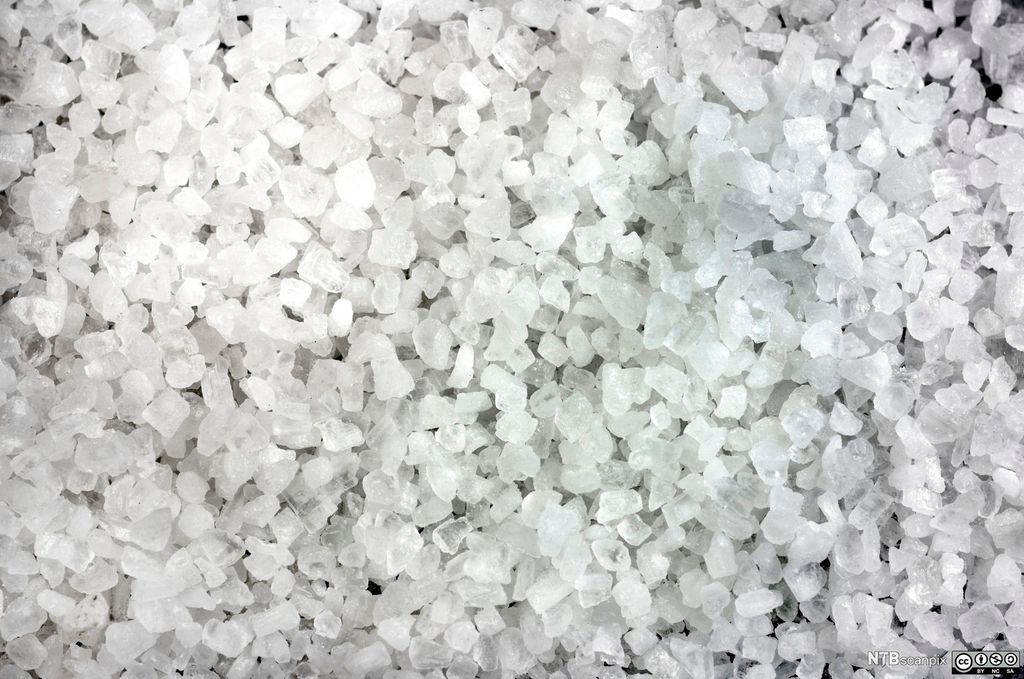 Nærbilete av kvite krystallar. Foto.