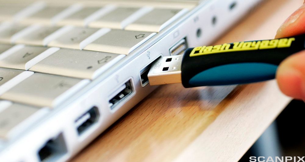 Minnepinne som settes inn i en bærbar datamaskin. Foto.