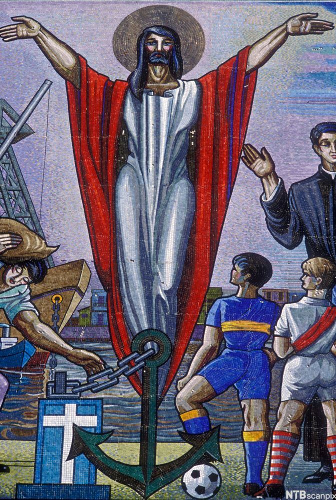 Måleri med fotballspillere og Jesus. Illustrasjon.