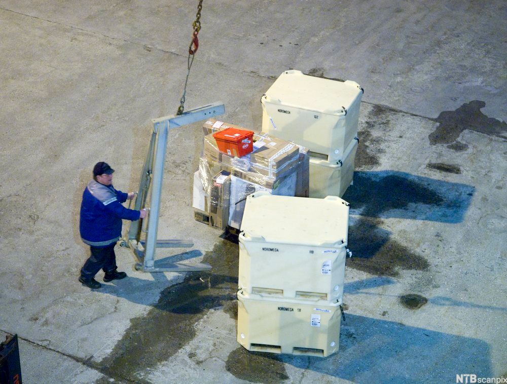 Mann med løftekran og palller med varer på kai. foto.