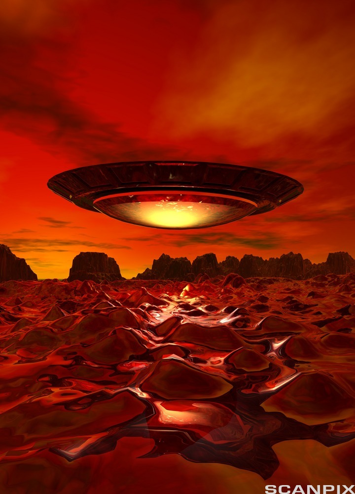 Flygende romskip som ser ut som en tallerken. Foto.