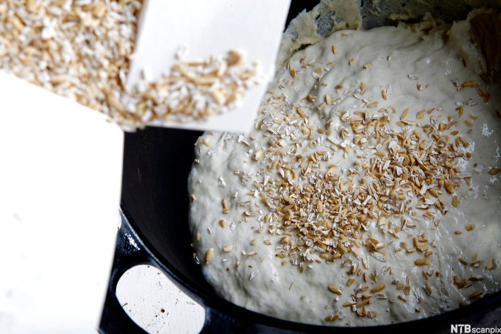 Korn drysses på en brøddeig i jerngryte. Foto.