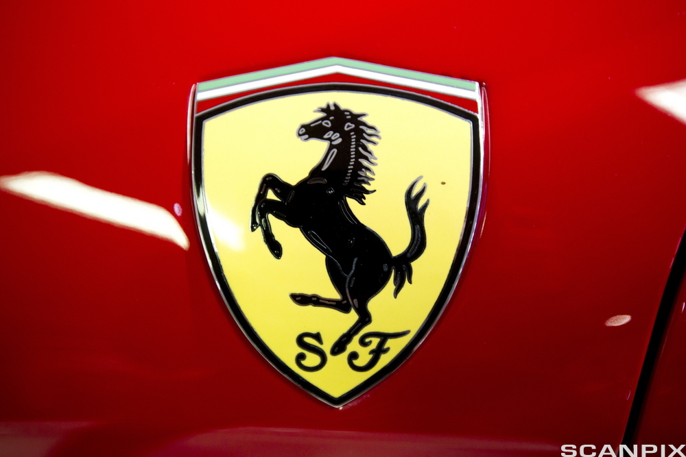 Ferrari-logoen i fargene rødt, gult, svart, grønt og hvitt. En svart hest som står på to bein er midt i bildet. Foto.