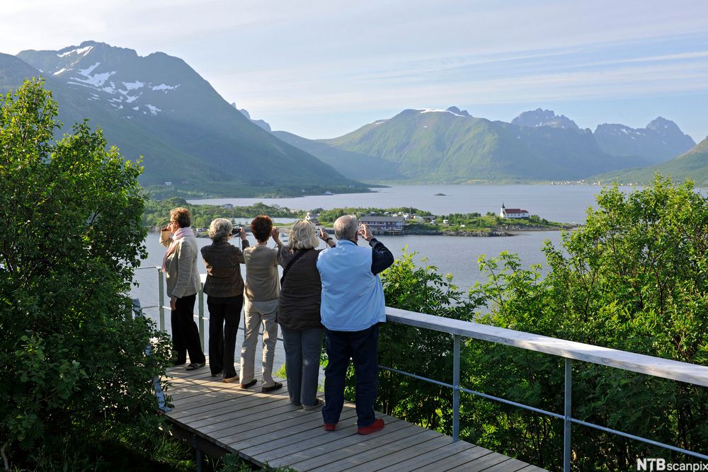 Lofoten. Turistar står på ei gangbru mellom nokre tre og tek bilete mot sjø og fjell. Foto.