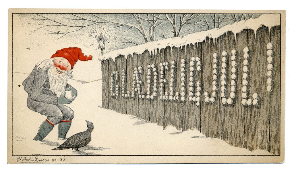 Julekort med nisse. Tegning.