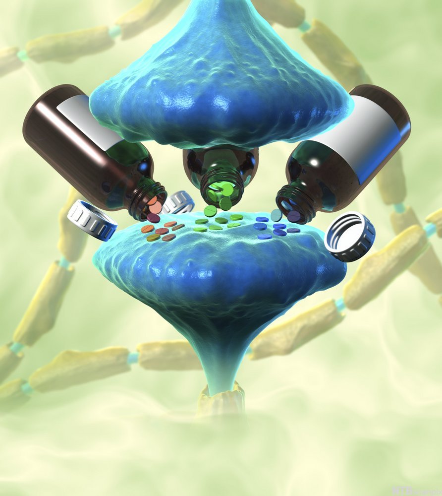 Flere flasker med medisin tømmes i en synapse. Tegning.