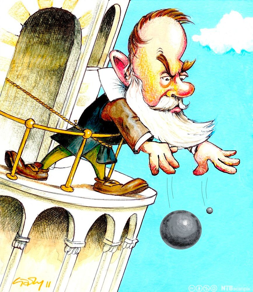Galileo Galilei som slipper ned kuler. Illustrasjon.