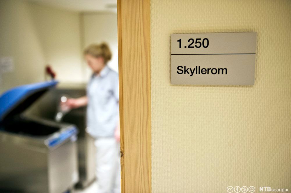 Dørskilt med teksten Skyllerom og ei kvinne med hvit uniform som kaster noe i ei søppelkasse inne i rommet. Foto.