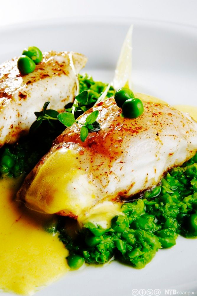 Brosmefilet med hollandaisesaus og ertepurre. Foto.
