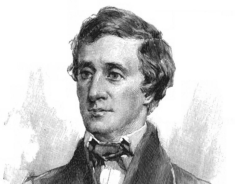 Etching: Henry David Thoreau. He is a relatively young man, with dark hair, a sharp nose and dark eyes.