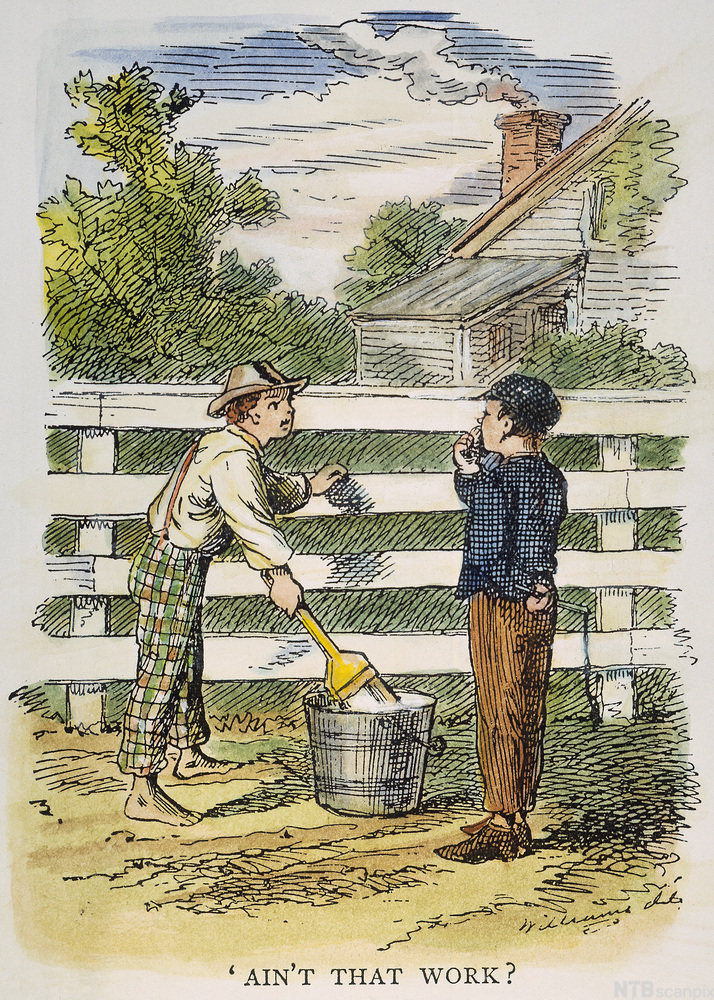 Drawing: A boy is white-washing a fence; another boy is watching him. 