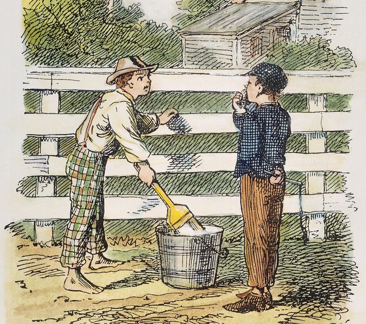 Drawing: A boy is white-washing a fence; another boy is watching him.