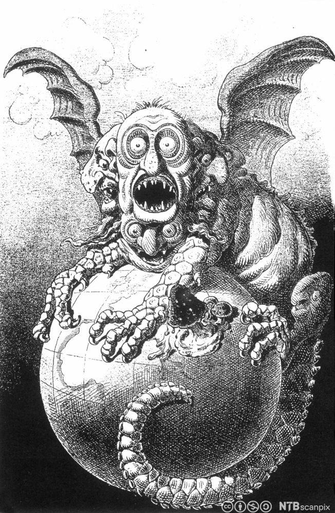 En drage med menneskehode med liksom-jødiske ansiktstrekk holder jordkloden i klørne sine. Illustrasjon.