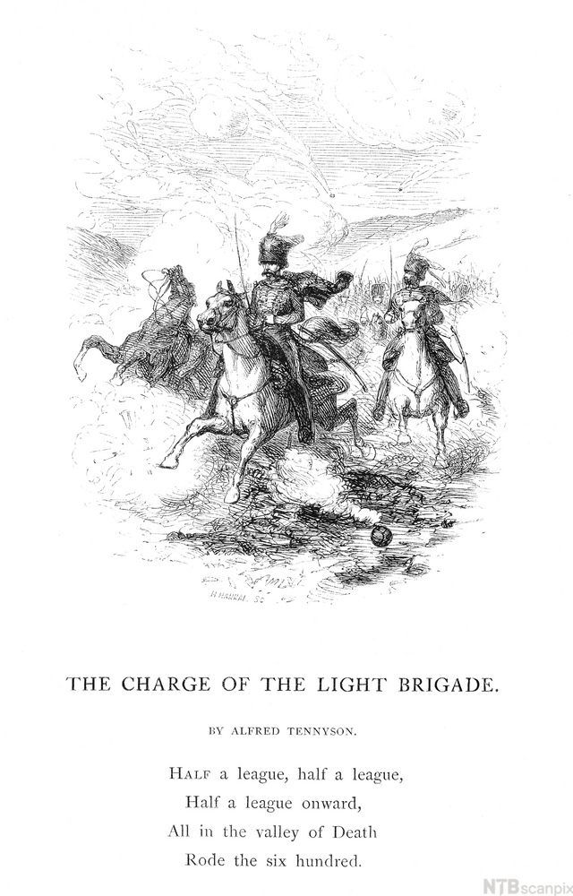 Drawing: Two men on horseback, wearing large hats with plumes. A third horse is seen rearing up in the background. We also see an indication of more soldiers following behind. There is smoke all around them, and we see a cannon ball on the ground. 