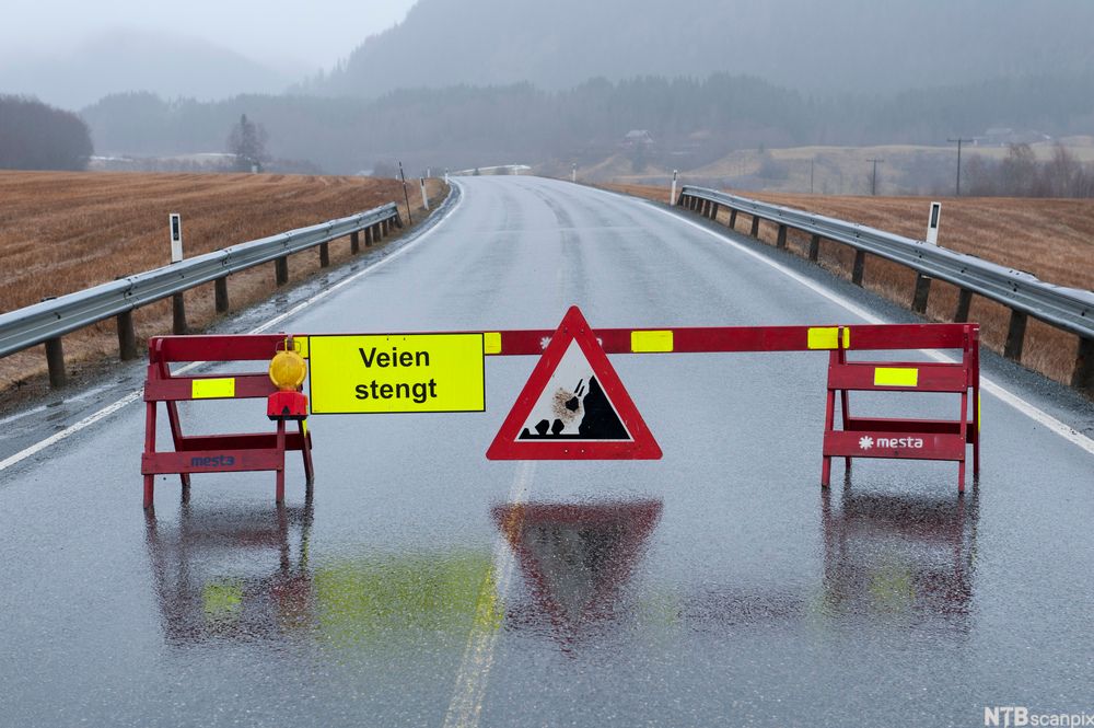Veisperring skiltet med  "Veien stengt" og et fareskilt om ras. Foto.