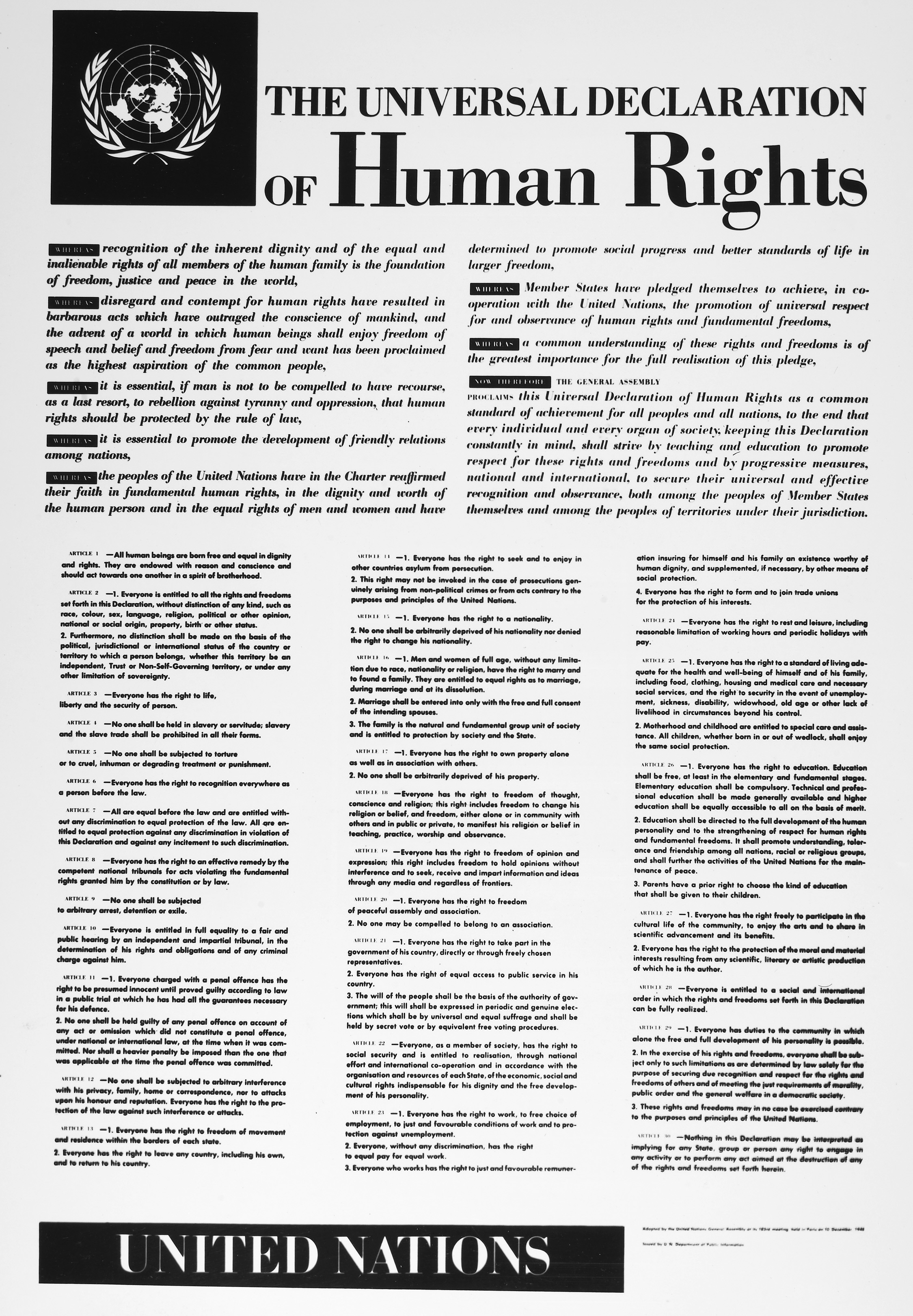 A printed document of the Universal Declaration of Human rights.