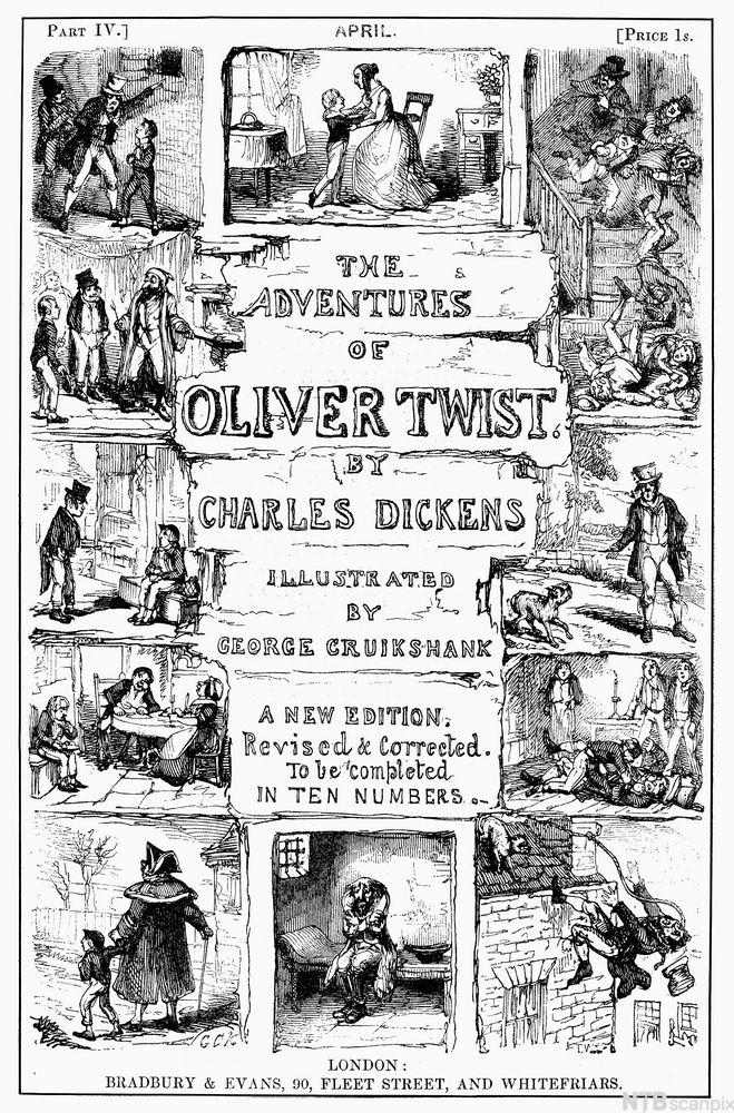 Framsida til Oliver Twist av Charles Dickens. Ho er full av ulike teikningar frå romanen. Illustrasjon.