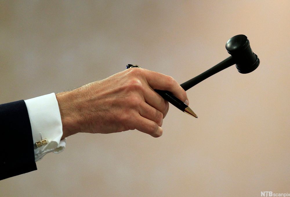 En hånd med en ordstyrerklubbe. Foto.