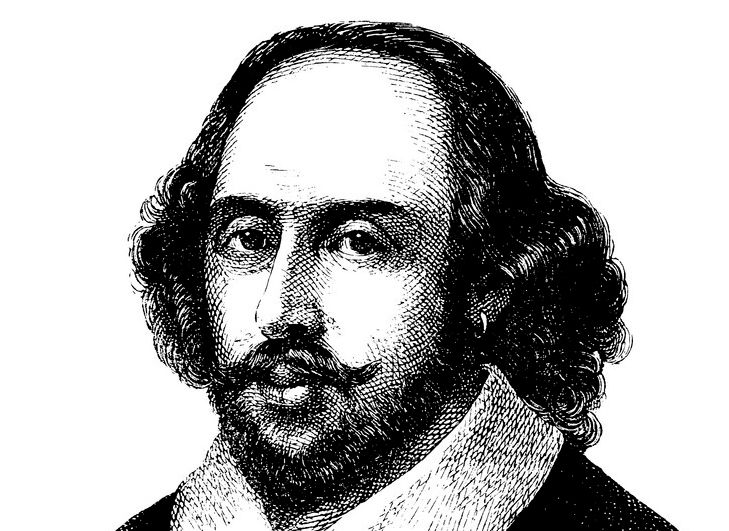 A black and white portrait of the English playwright William Shakespeare. He has curly hair and a moustache. He is dressed in a black jacket and a white shirt. Drawing.