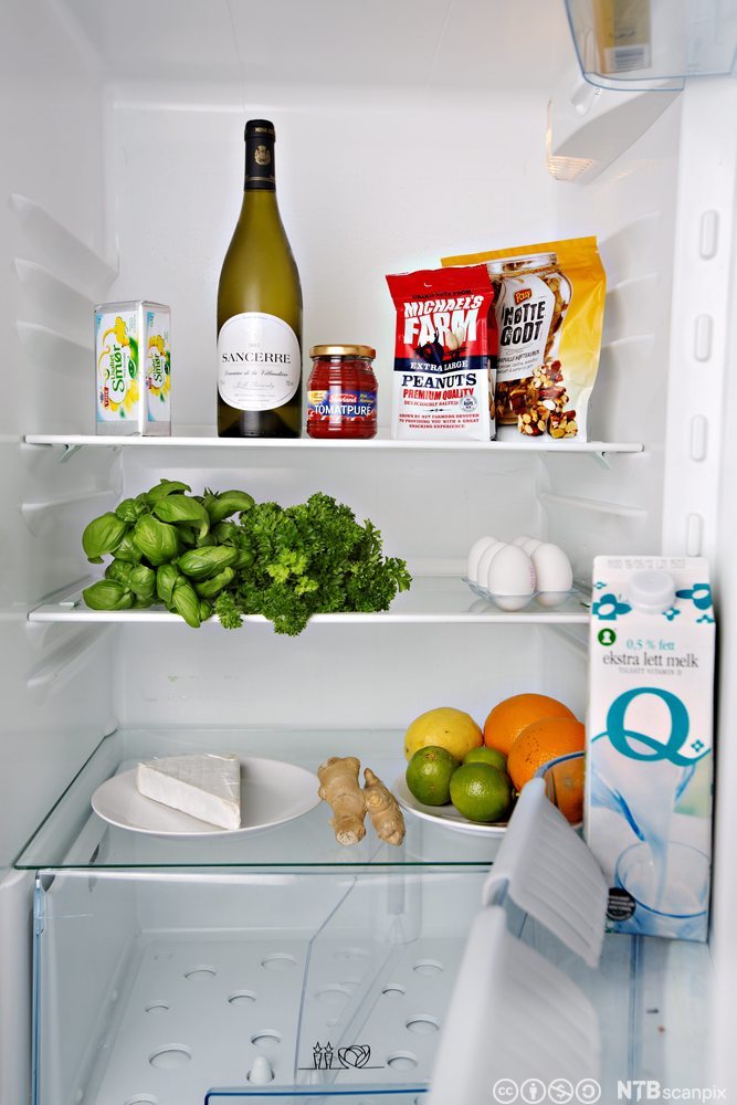 Et åpnet kjøleskap med egg og andre matvarer. Foto.