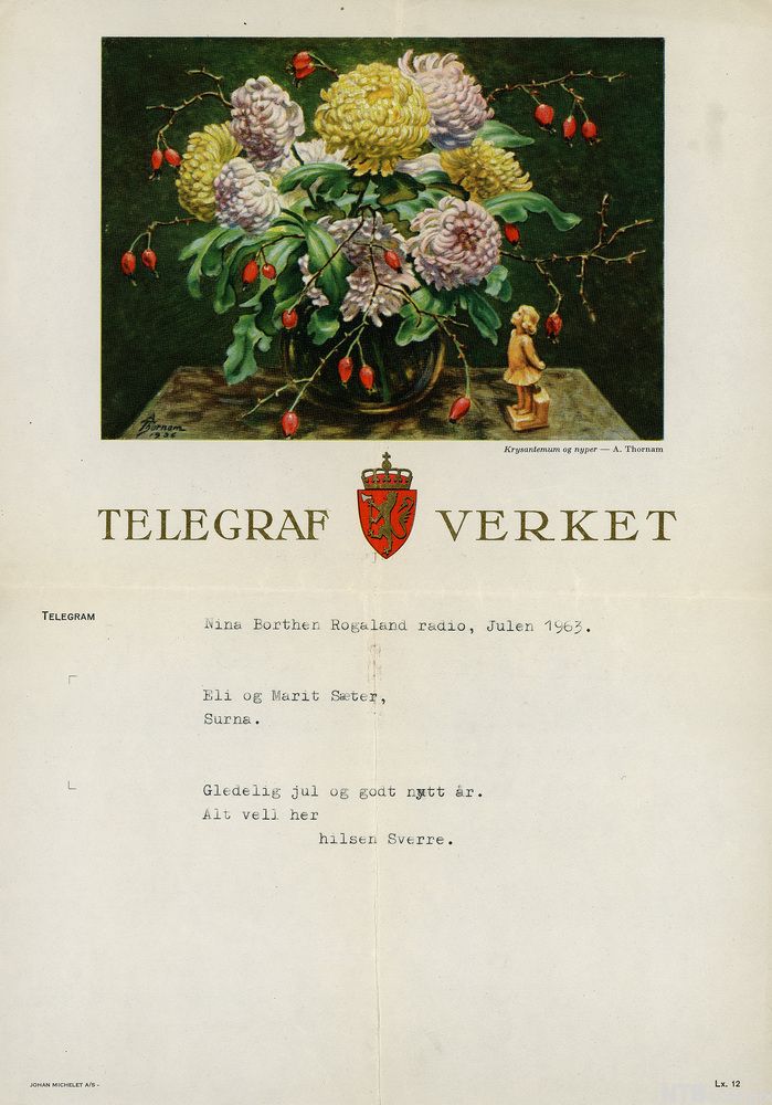 Telegram med motiv av blomar og Telegrafverket sin logo. Foto.