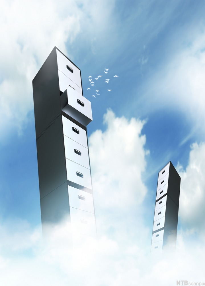 Arkivskap som står på skyer. Illustrasjon.