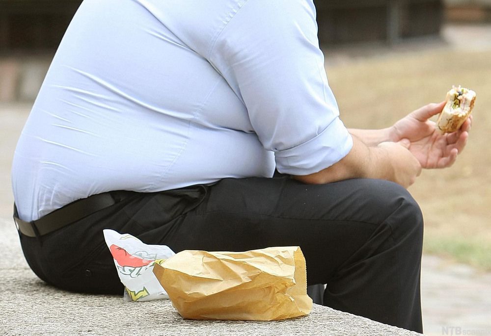 Overvektig person spiser burger. Foto.