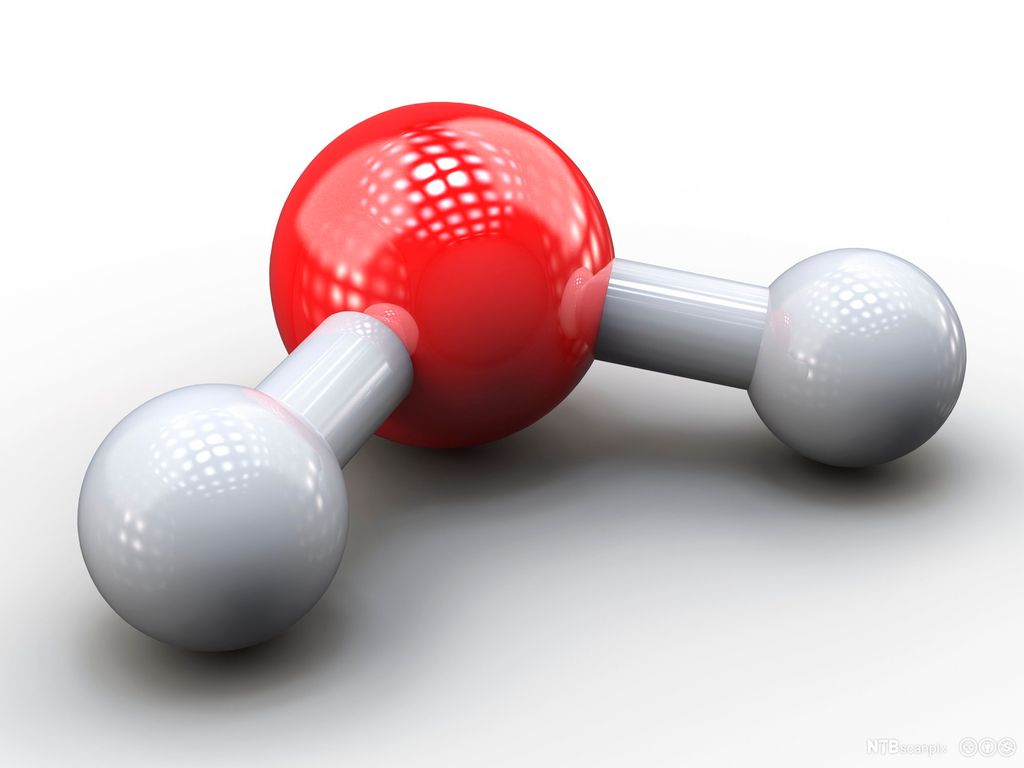 To hvite kuler og en rød, litt større kule i midten. De hvite kulene er forbundet med den røde med hvite stenger. Illustrasjon.