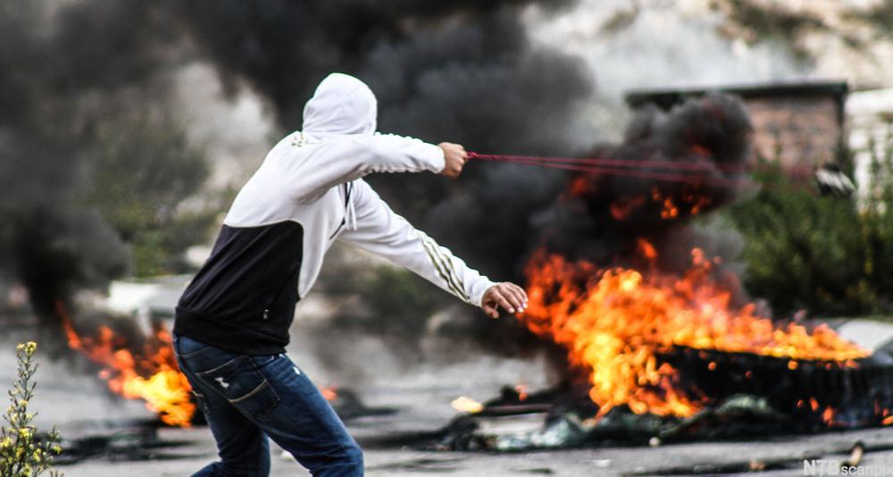 En mann slynger stein i et område med bilbranner. Foto. 