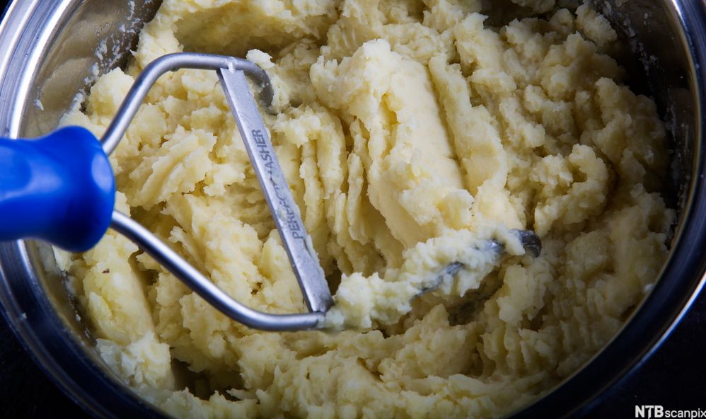 Mosing av potet i ein bolle. Foto.