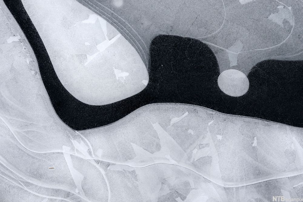 Abstrakt bilde med svarte, grå og hvite felt i ulike mønstre. Foto.