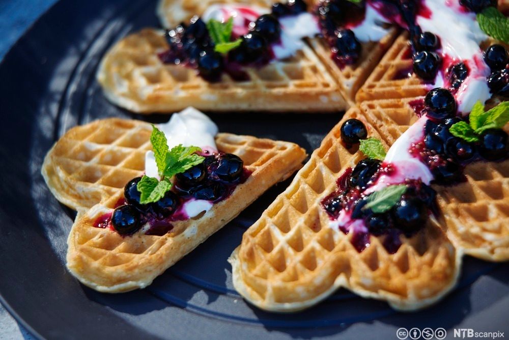 Vaffel med rømme og solbærsyltetøy. Foto.