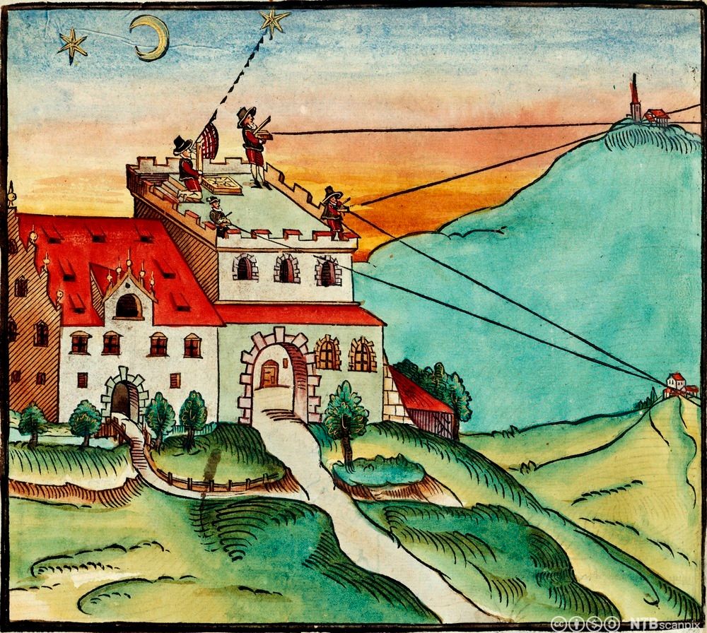 Gammelt maleri som viser fire menn som står på et tak og bruker forskjellige instrumenter til å måle avstander og høyder med. Illustrasjon.