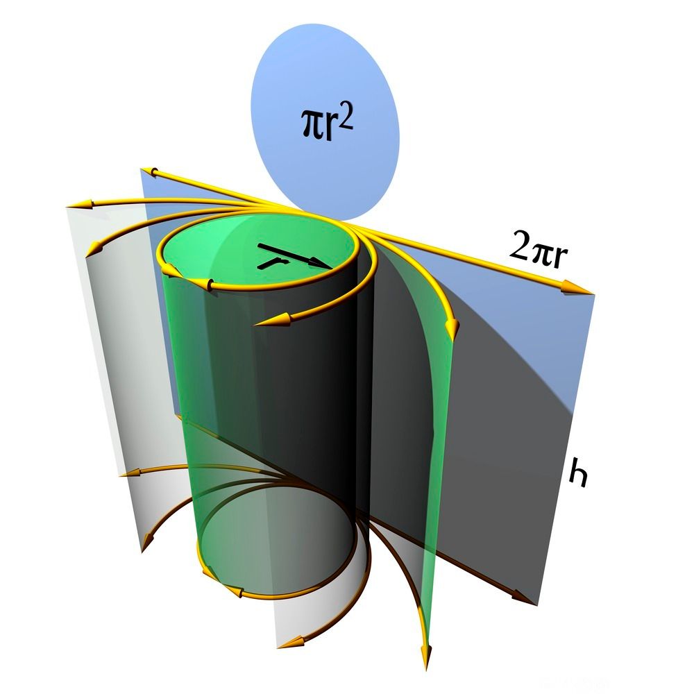 Det er vist hvordan en sylinder så å si kan brettes ut til et rektangel og en sirkel. Illustrasjon.