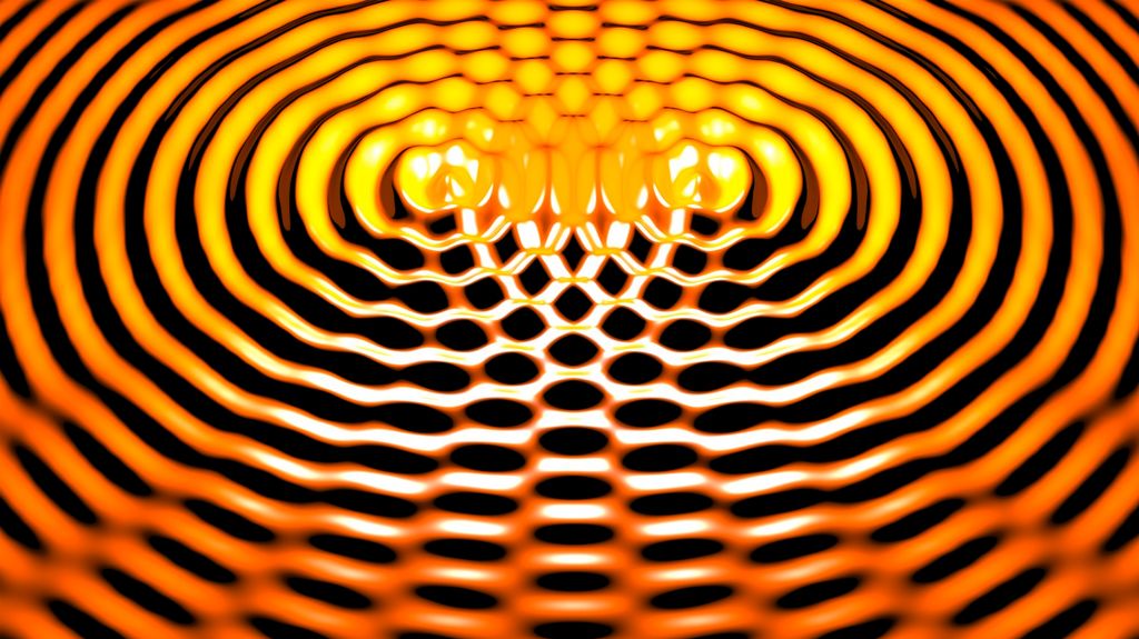 To bølgjer møter kvarandre og dannar eit fint mønster. Illustrasjon.