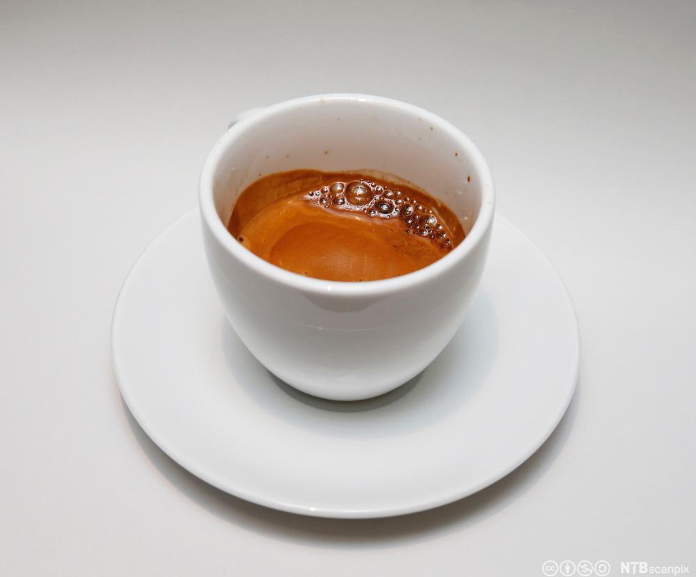 En liten kaffekopp med espresso. Foto.