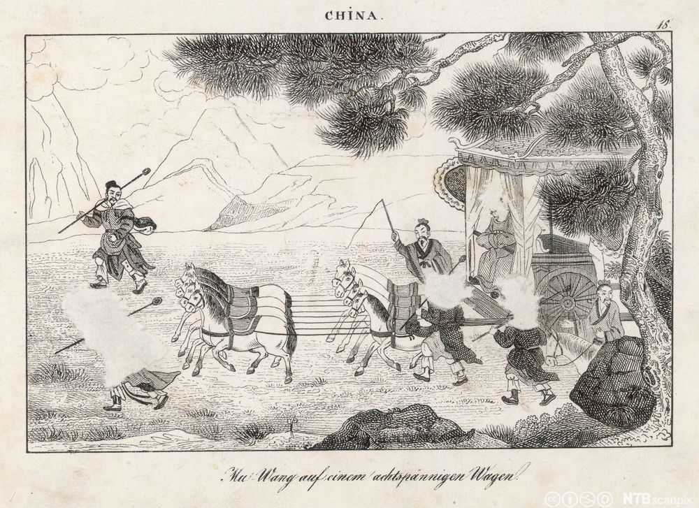 Keiser Wu Wang på hest og kjerre. Tegning.