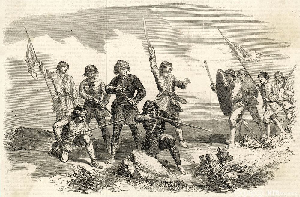 Opprørere fra Taiping sloss mot Qing-dynastiet i 1864. Maleri.