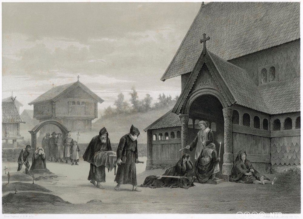 Motiv fra svartedauden. Svartkledde personer bærer bort døde. Syke mennesker sitter utenfor kirke. Tegning.