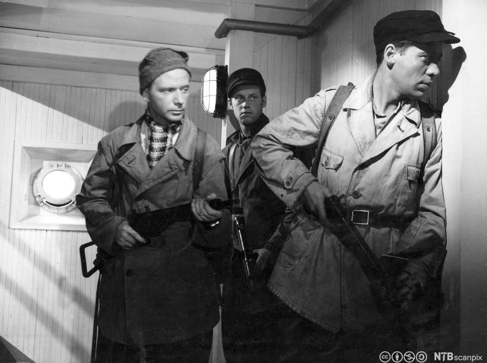 Scene fra spillefilmen Kampen om tungtvannet fra 1948. Foto.