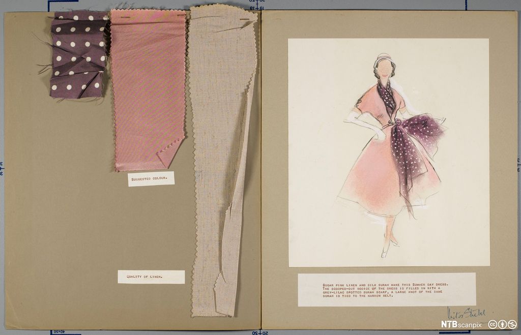 Designskisse og stoffprøver til kjole designet av Victor Stiebel. Foto.