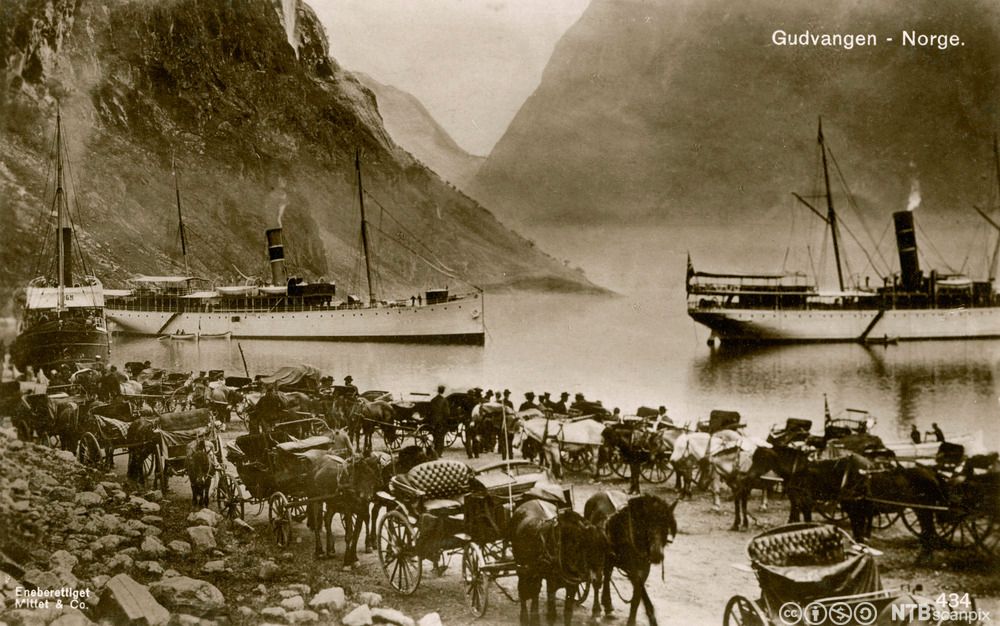 Tre dampskip på en fjord i bakgrunnen, oppstilte hestedrosjer i forgrunnen. Foto.