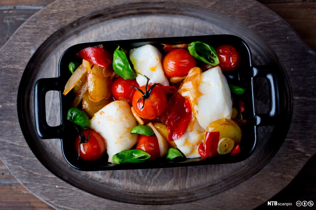 Stykker av hvit fisk i ei form med blant annet potetskiver, tomater og basilikum. Foto.