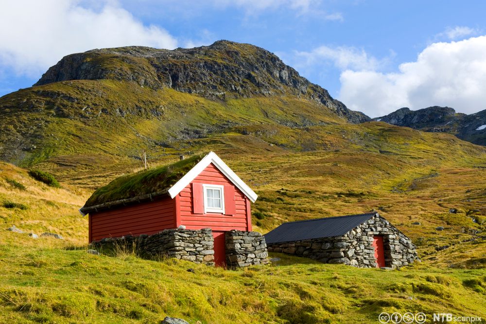 seterbu i fjelllandskap. Foto.